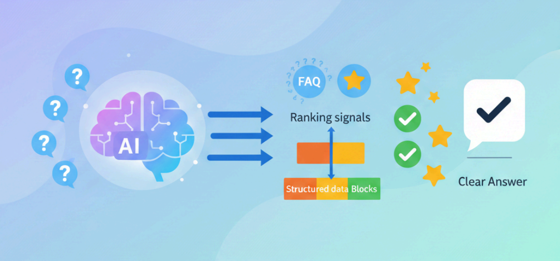 A simplified diagram of an answer engine: an AI brain icon processes questions on one side and produces clear answers on the other.