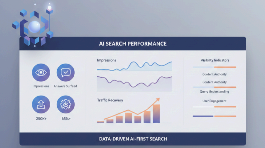 An analytics dashboard with charts, engagement metrics, and visibility indicators related to AI search performance.