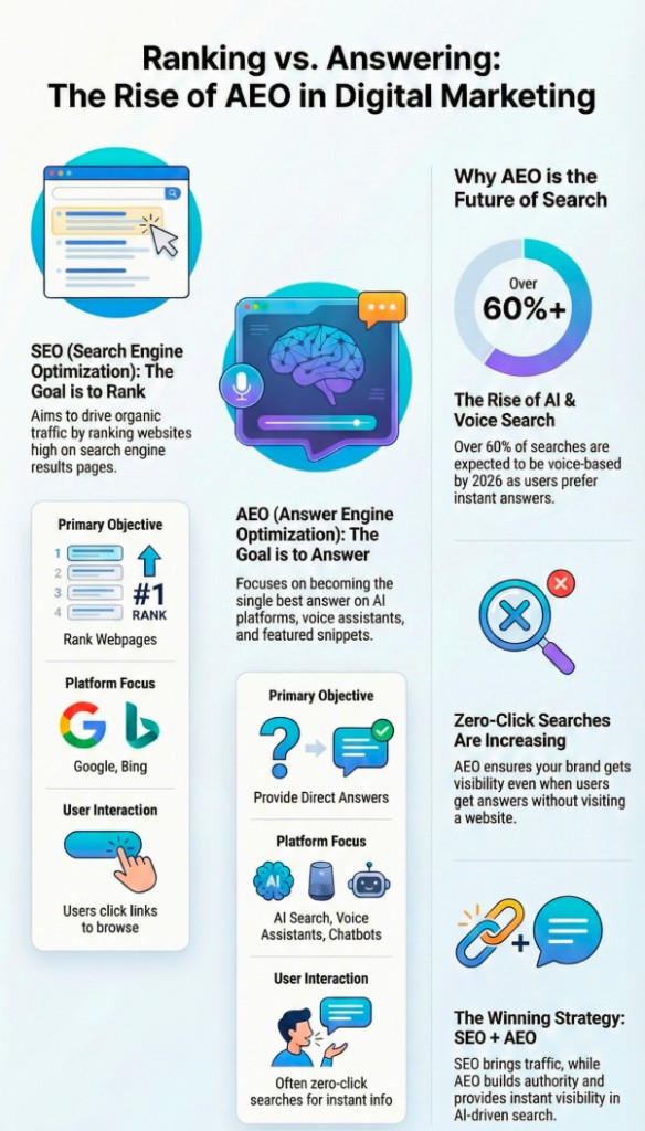 Visual guide exploring the key differences between ranking and answering in the context of search engine marketing trends.