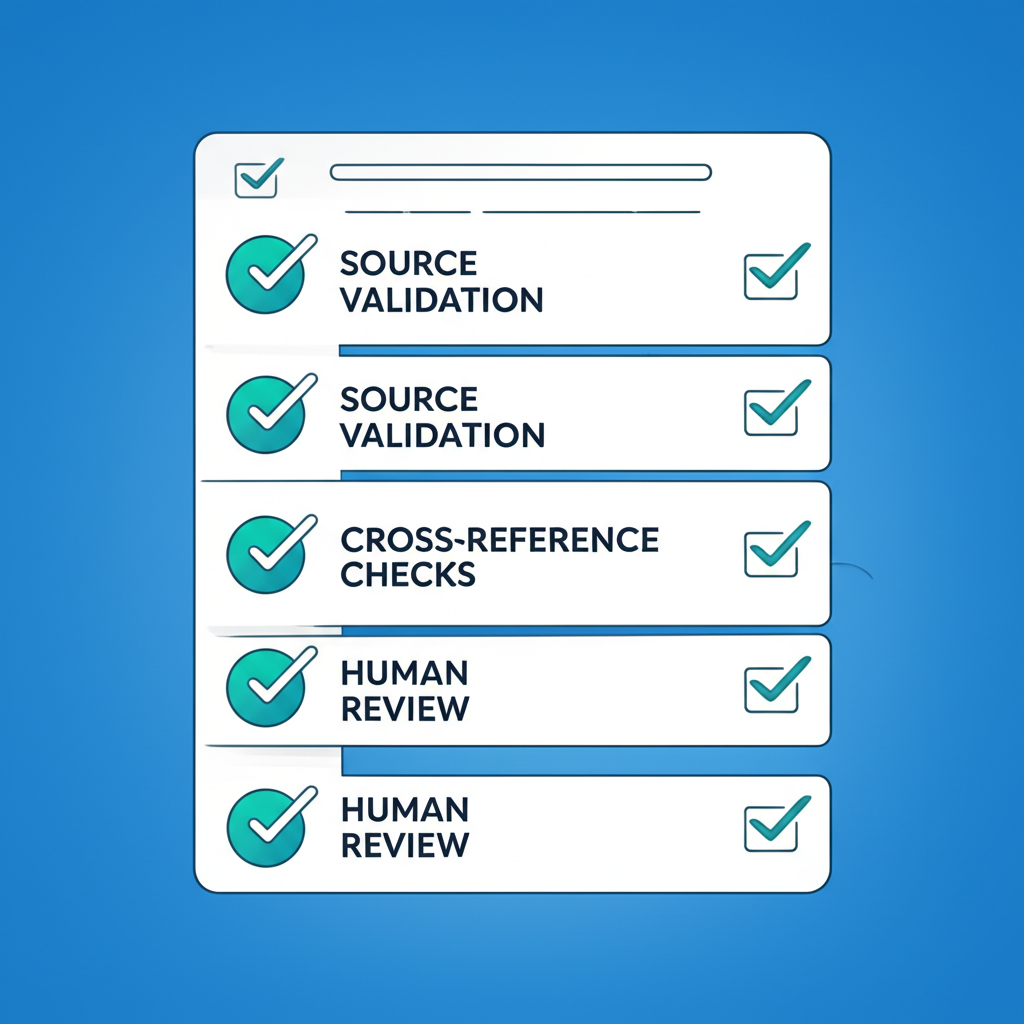 A checklist interface showing best practices like Source Validation, Cross-Reference Checks, and Human Review, each with a checkmark