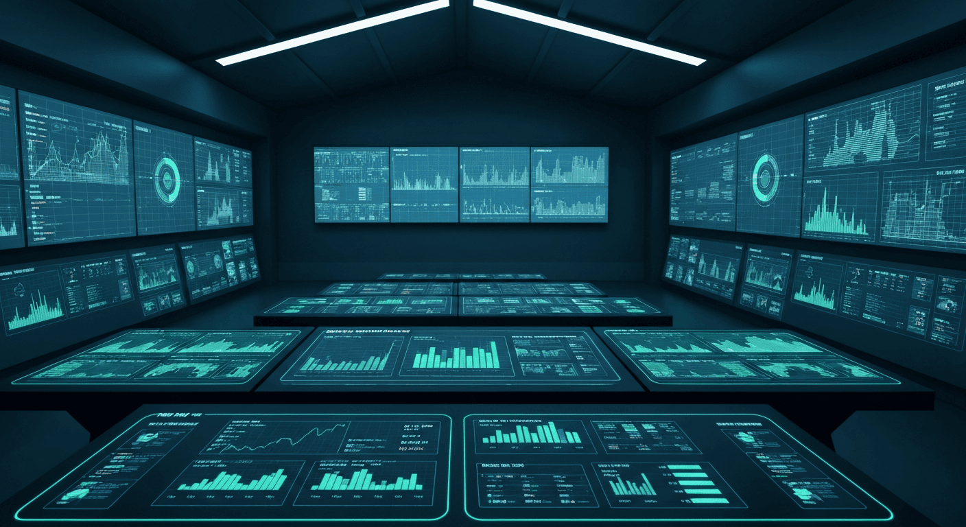 Futuristic AI visibility tracker command center with dashboards tracking citations and brand presence across AI platforms