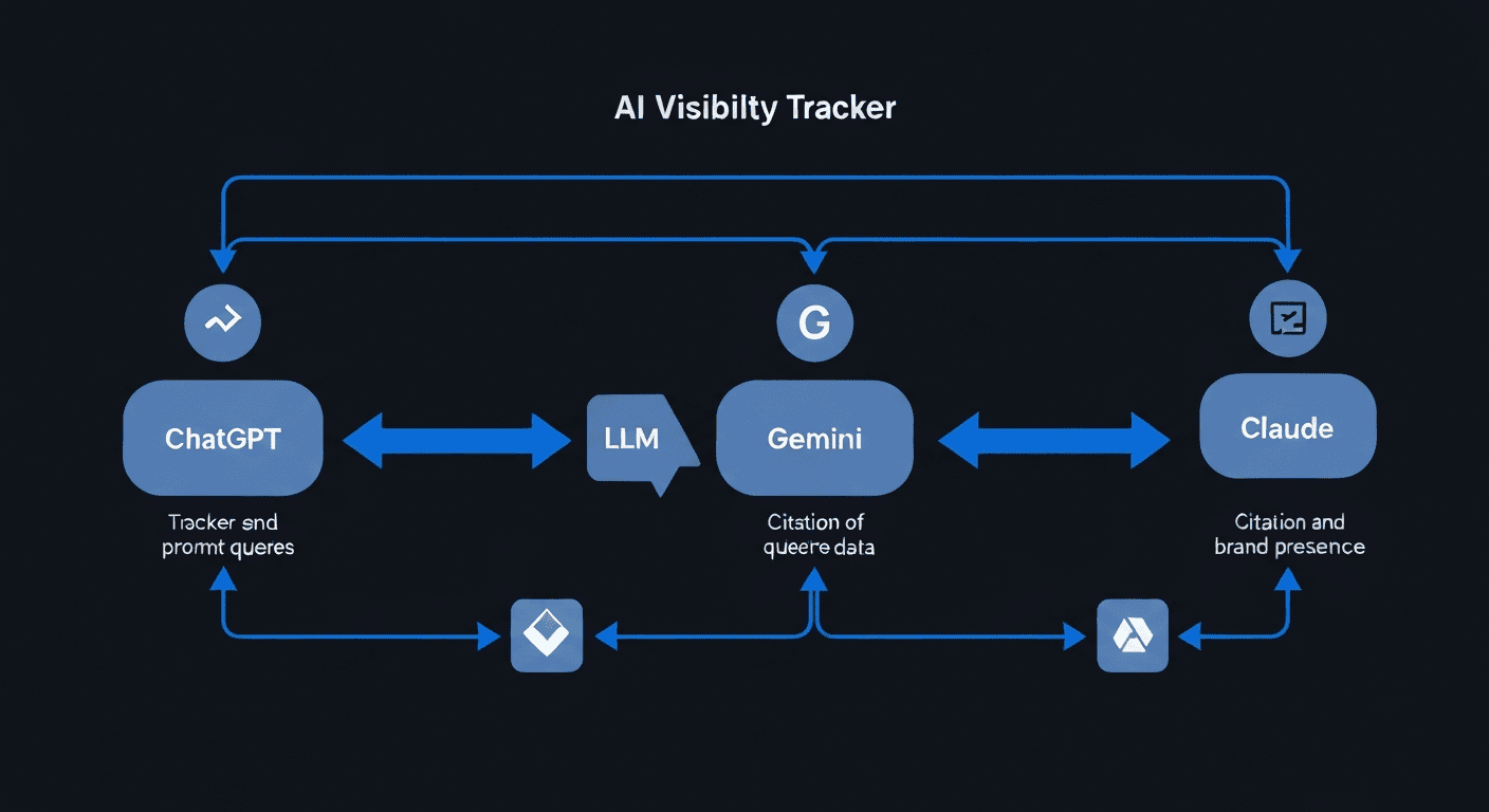 Diagram of AI visibility tracker sending prompts across LLM platforms to measure citations and brand presence in AI-generated answers