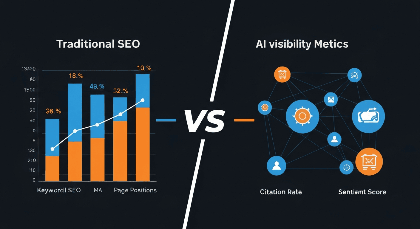 AI visibility tracker infographic comparing traditional SEO vs AI visibility with mention rate, citations, and sentiment metrics