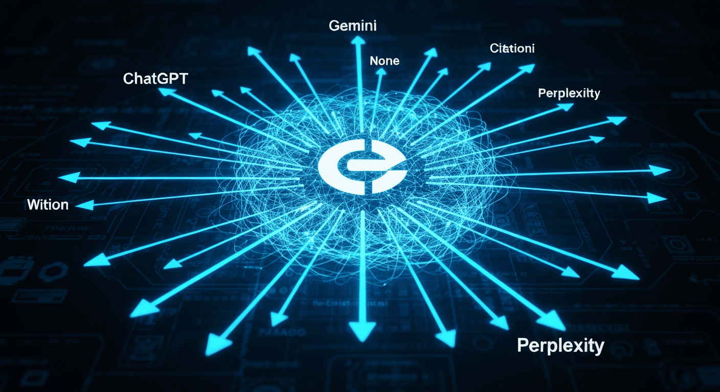 Central brand surrounded by radiating lines connecting to AI systems like ChatGPT, Gemini, and Perplexity, showing increased citation flow