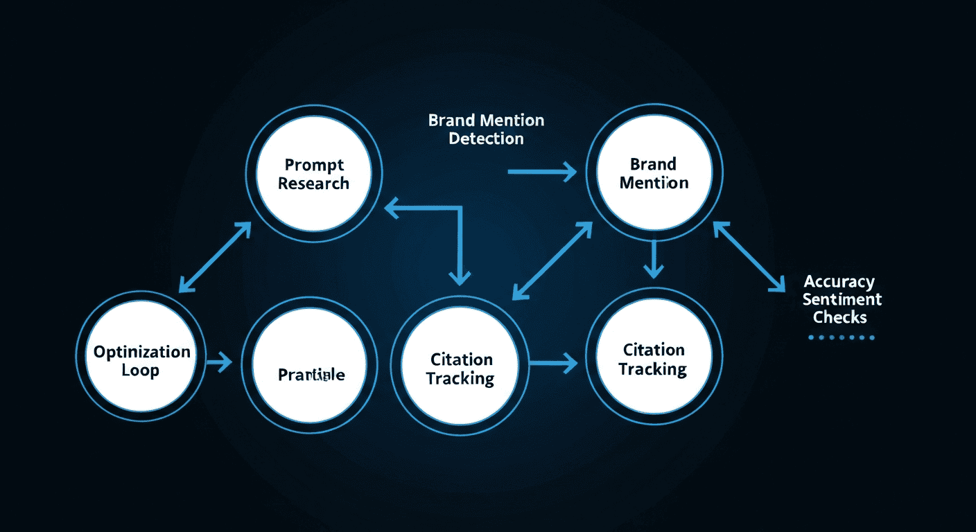 Five-stage workflow diagram: Prompt Research, Brand Mention Detection, Citation Tracking, Accuracy & Sentiment Checks, Optimization Loop