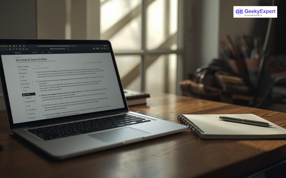 Desk workspace with laptop and research papers demonstrating how to optimize for answer engines content planning process