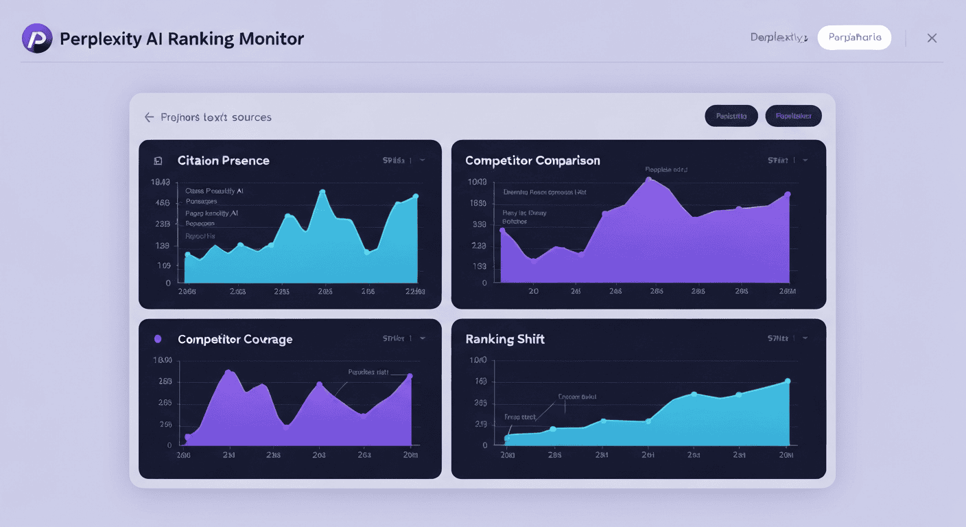Perplexity ranking monitor analytics display showing citation presence, competitor coverage, and ranking shifts over time