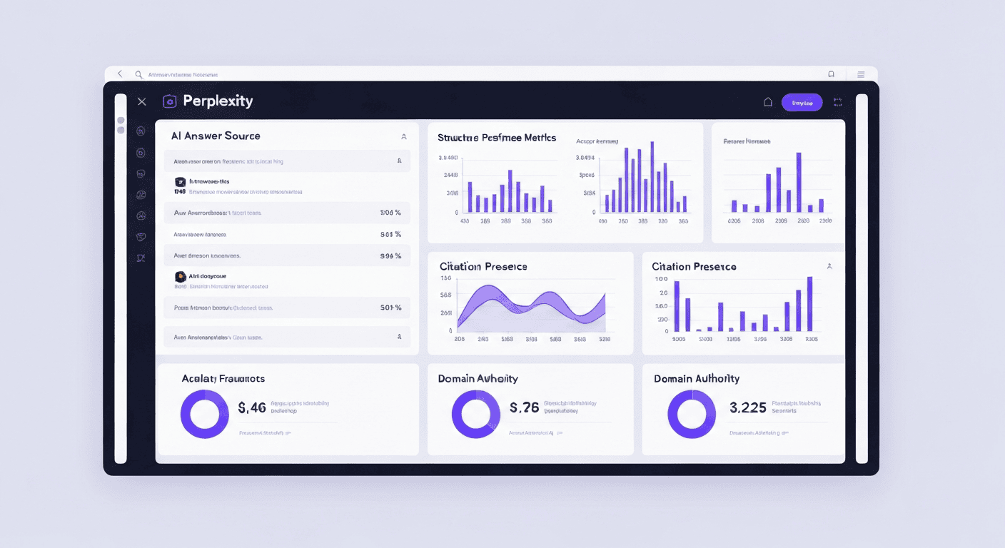 Perplexity ranking monitor illustration focused on AI answer source tracking and structured performance metrics