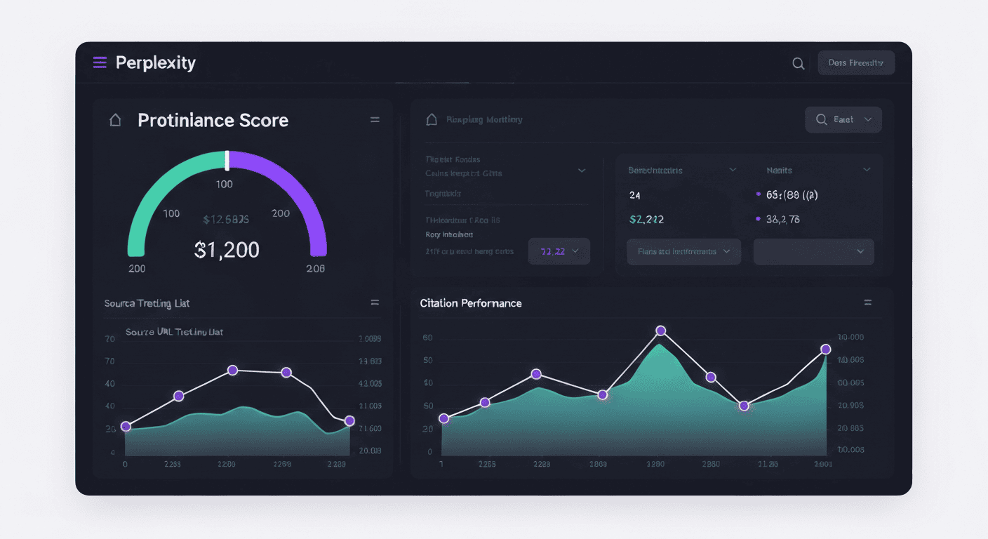 Perplexity ranking monitor screen with prominence score, source tracking, and citation performance metrics