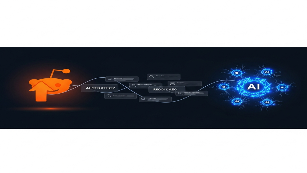 Illustration showcasing the Reddit AEO strategy, highlighting how AI responses, search results, and Reddit threads work together to improve content visibility.