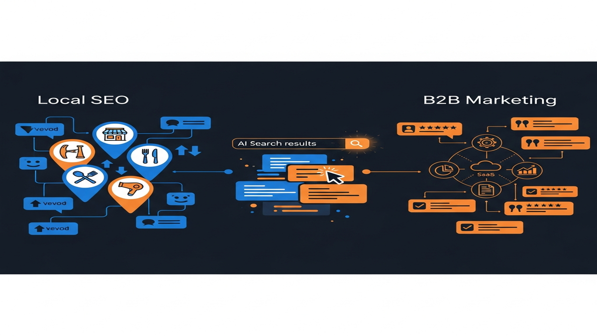Illustration showcasing how a Reddit AEO strategy can leverage local business data, community discussions, and search trends to boost visibility for service providers in a specific geographic area.