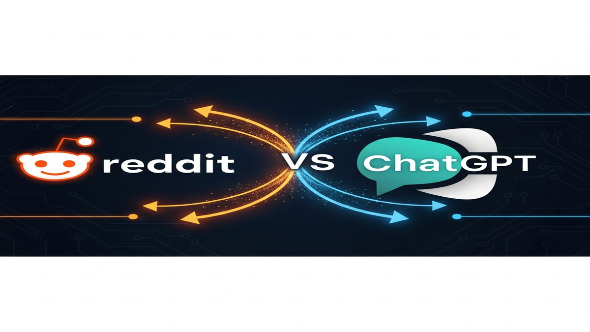 Illustration showing how Reddit discussions influence ChatGPT responses and AI visibility, with connections between Reddit threads and AI-generated answers.