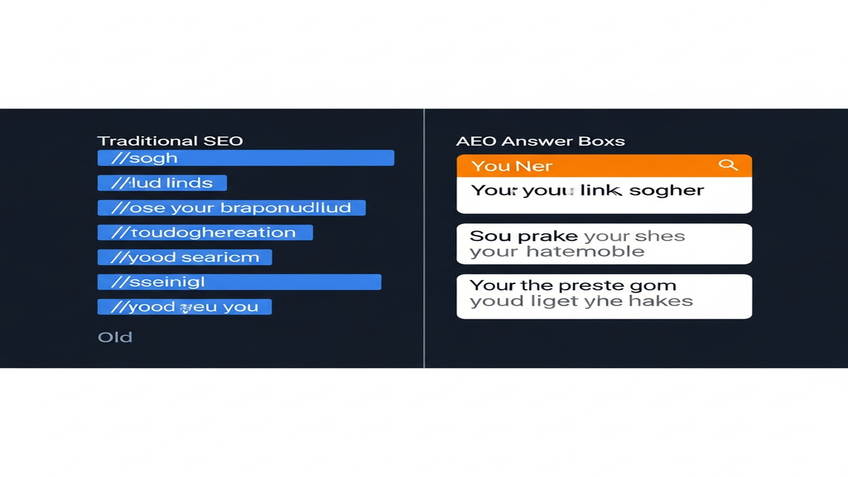 Infographic comparing traditional SEO metrics to Answer Engine Optimization metrics, showing the shift from page rankings to AI citations and search engine visibility.
