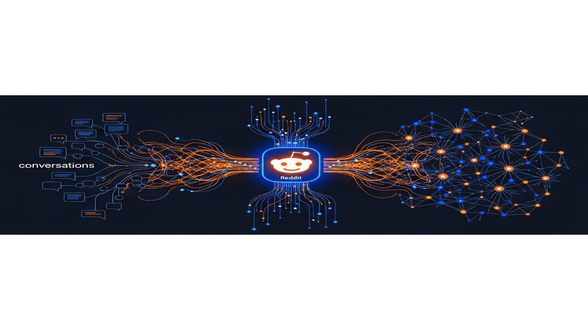 The image represents the evolution of answer engine technologies, where AI-driven knowledge bases are leveraged to provide comprehensive responses from Reddit data.