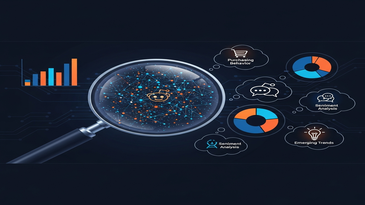 Illustration showcasing how a Reddit intelligence tool extracts consumer insights from discussions, providing competitive intelligence and market trends for businesses.