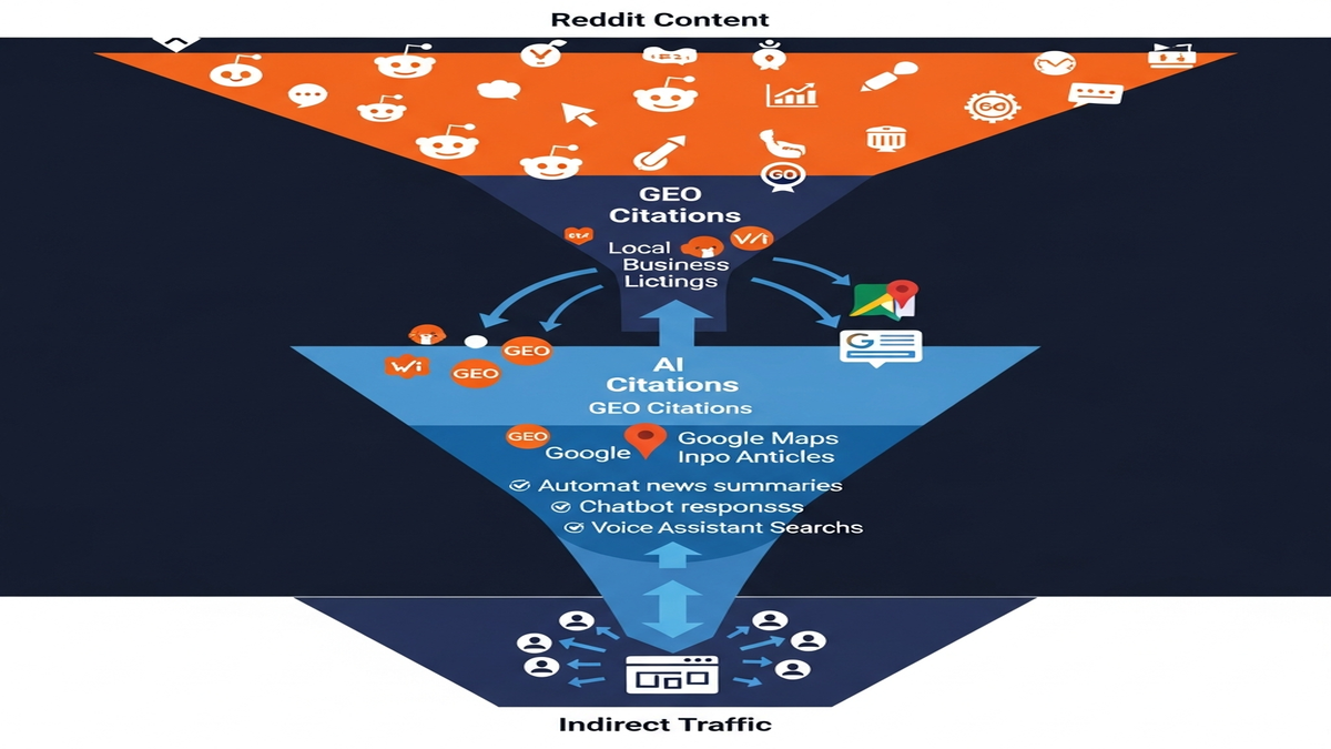 Diagram illustrating the indirect traffic flow from Reddit content through AI systems, showing how citations, mentions, and references in AI responses drive qualified traffic back to branded properties and content.