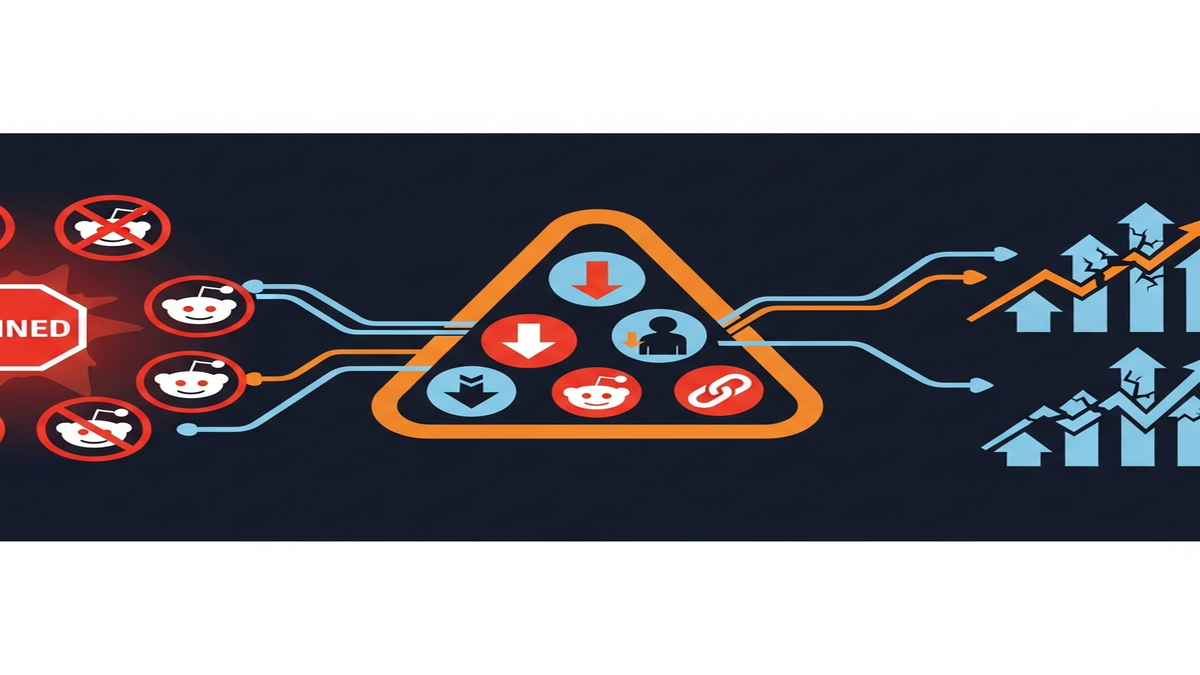 Warning infographic highlighting common Reddit marketing pitfalls, including spam detection, community backlash, account banning, promotional language, and link abuse.