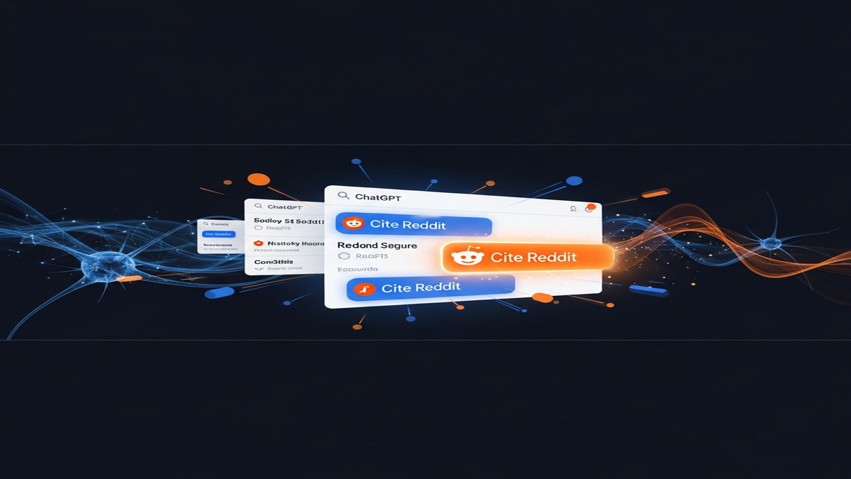 Illustration showing how Reddit discussions influence ChatGPT and AI answer systems, with threads connecting to AI-powered search results and citations.