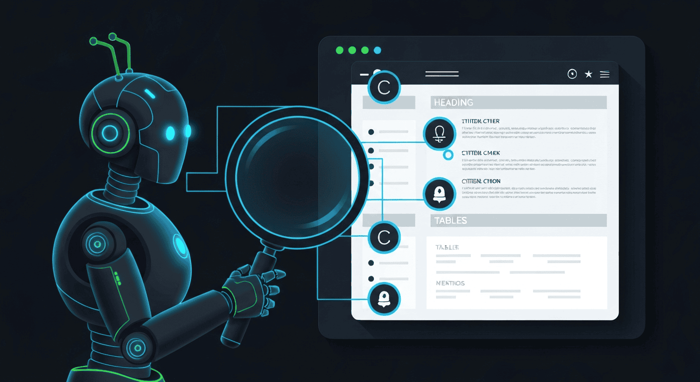 AI robot highlighting structured content sections — headings, bullet lists, tables — with lines connecting to citation and mention badges